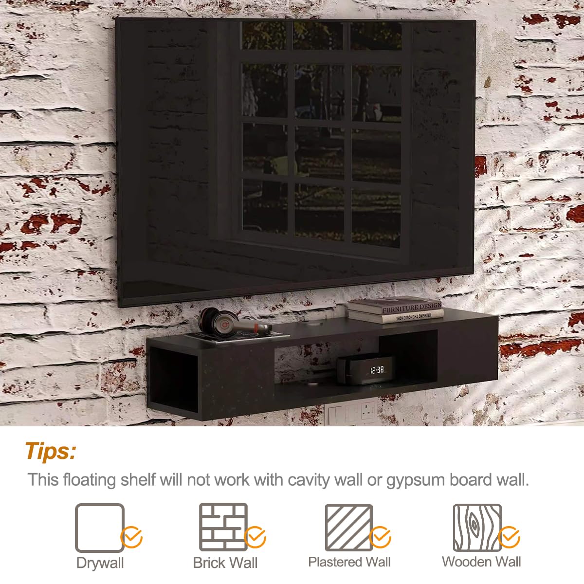 Black Wall Mounted Floating TV Stand with Storage I337