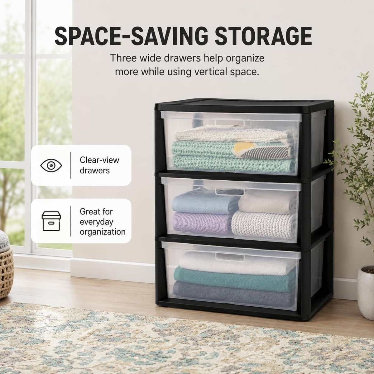 3 Drawer Storage Tower with Clear Bins O562
