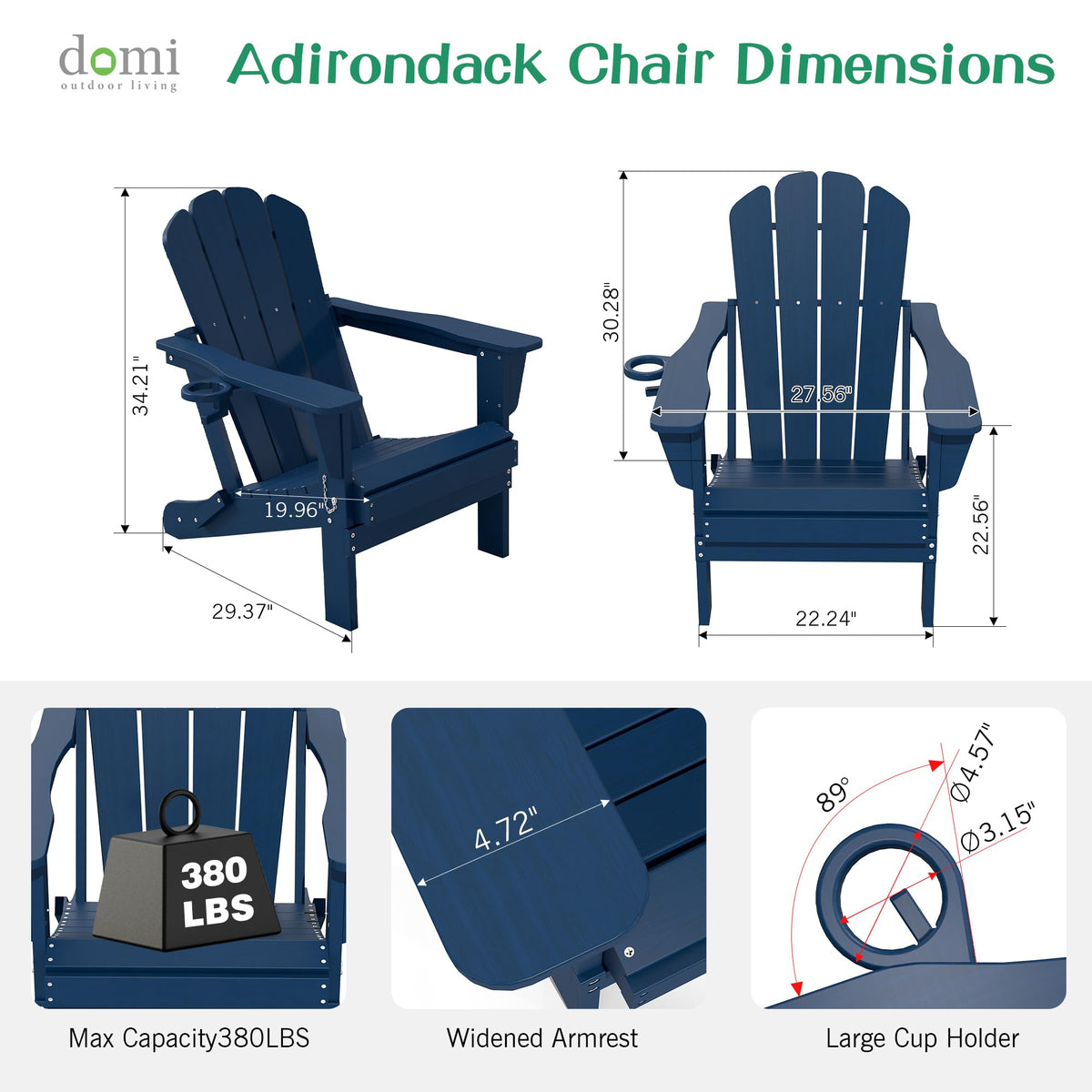 Folding Adirondack Chair Set of 8 HDPE All-Weather with Cup Holder Blue H63502