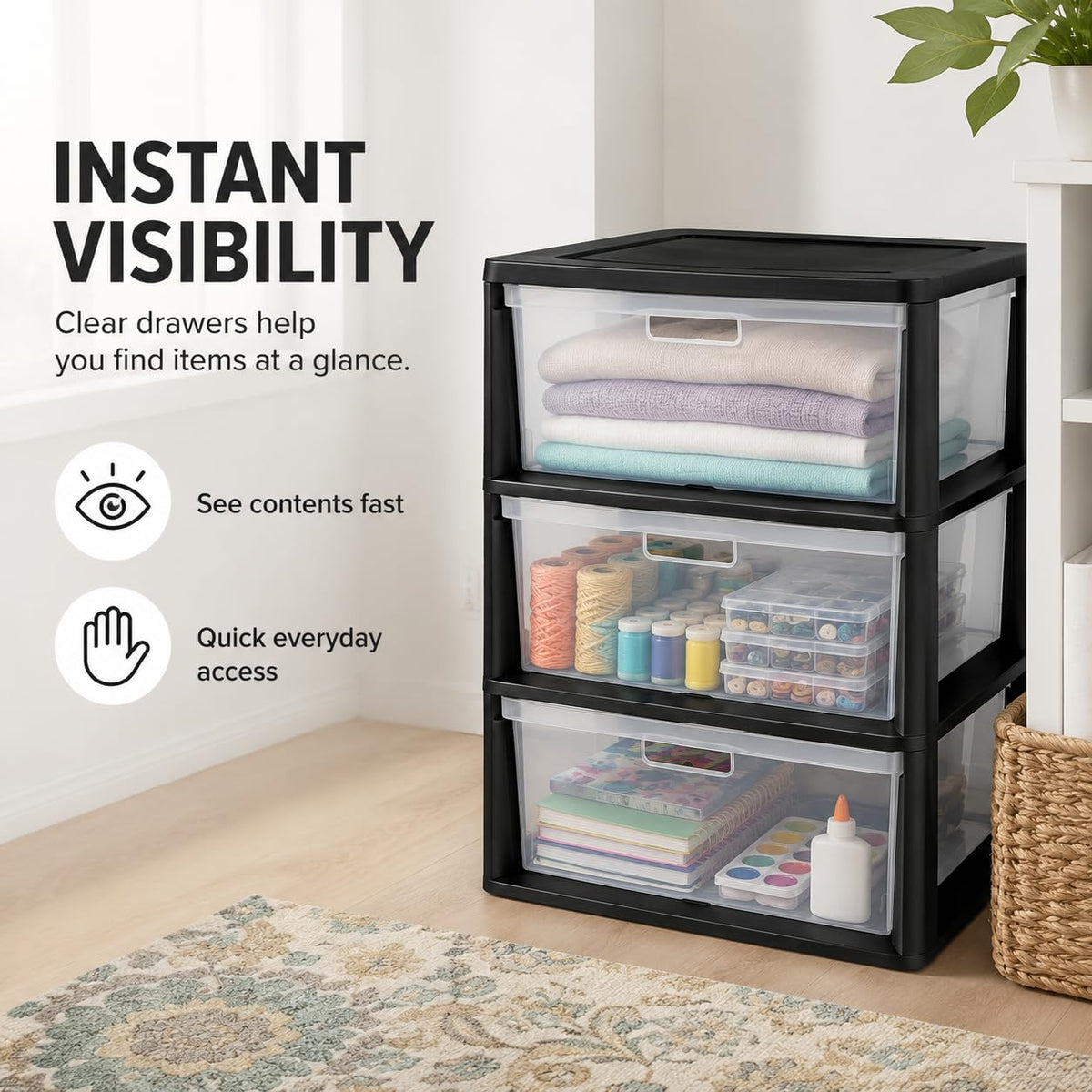 3 Drawer Storage Tower with Clear Bins O562