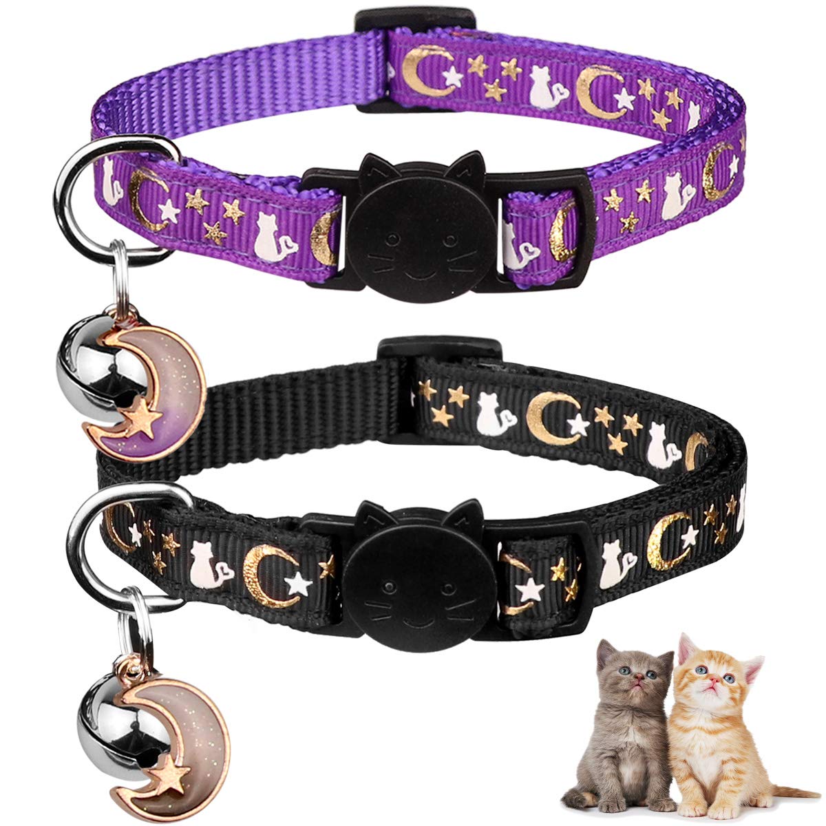2PCS Breakaway Cat Collars with Bell Glow in The Dark Black Purple N3691