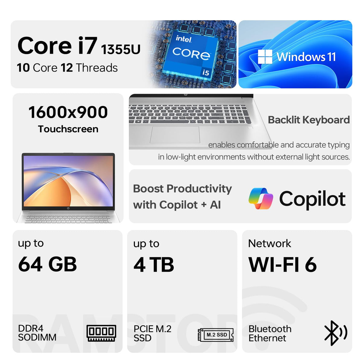 17.3" HD+ Touchscreen Laptop, Intel Core i7, 32GB RAM, 1TB SSD, Silver G834