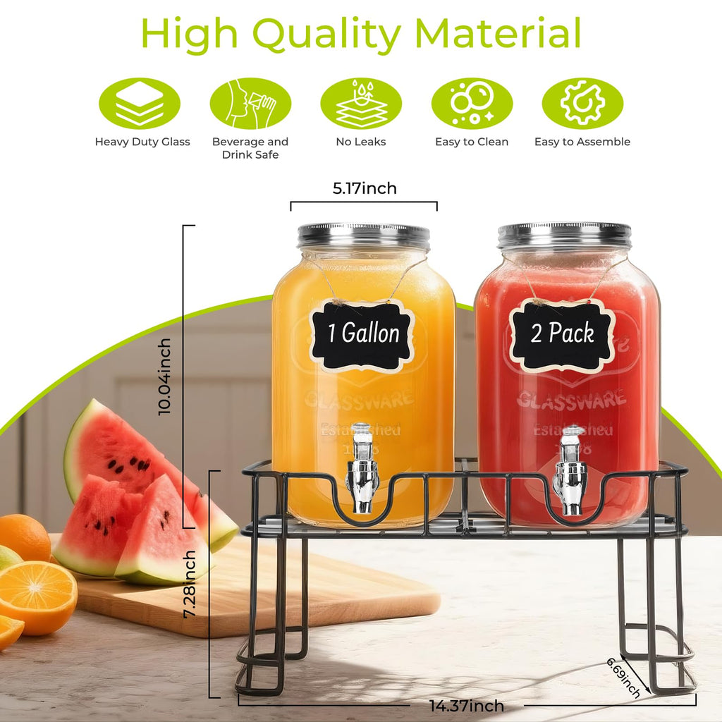 2 Pack 1 Gallon Glass Drink Dispensers with Ice Core O3355