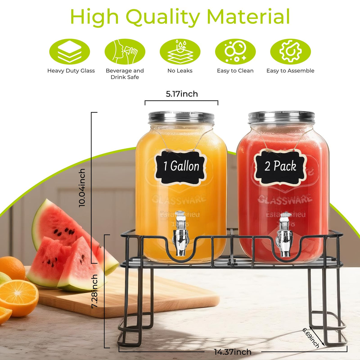 2 Pack 1 Gallon Glass Drink Dispensers with Ice Core O3355