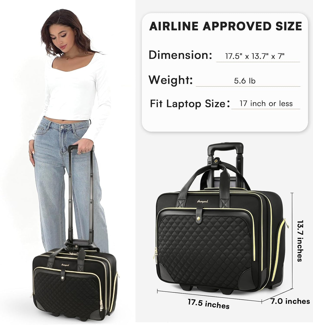 Rolling Laptop Bag with Wheels, 17 Inch Waterproof Black K348706