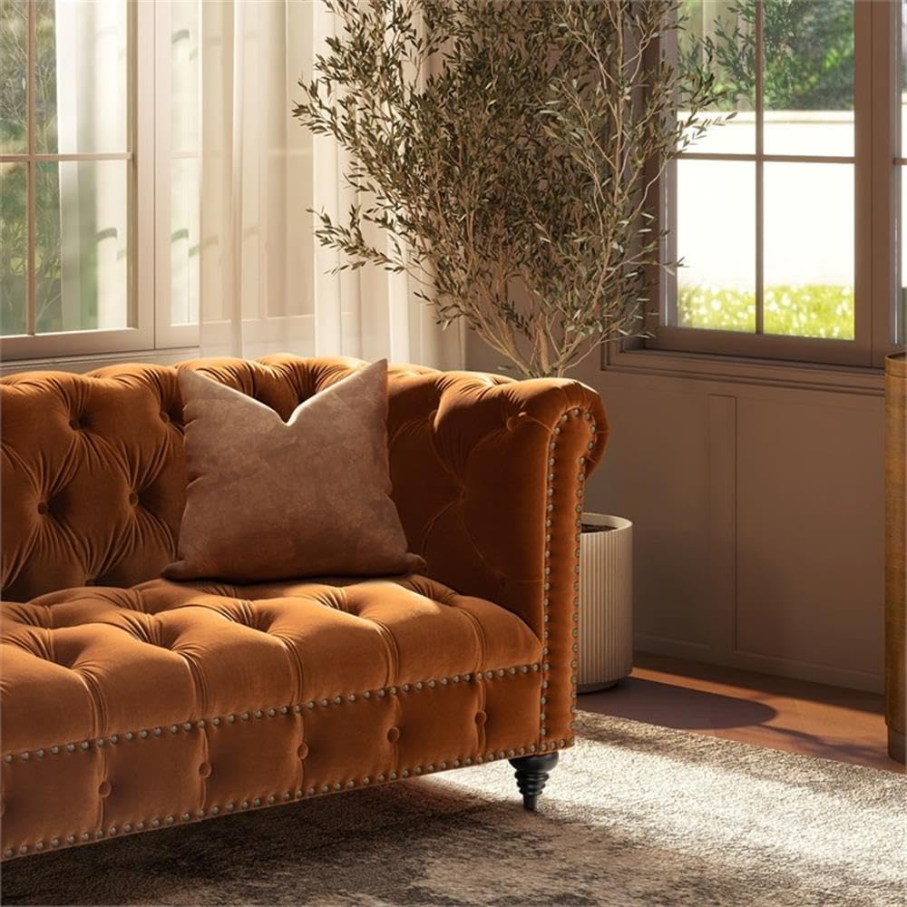 Burnt Orange Velvet Tufted Chesterfield Sofa R78885