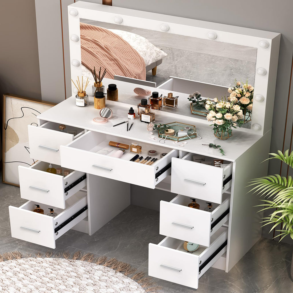 White 7 Drawer Vanity with Lights and Mirror A439