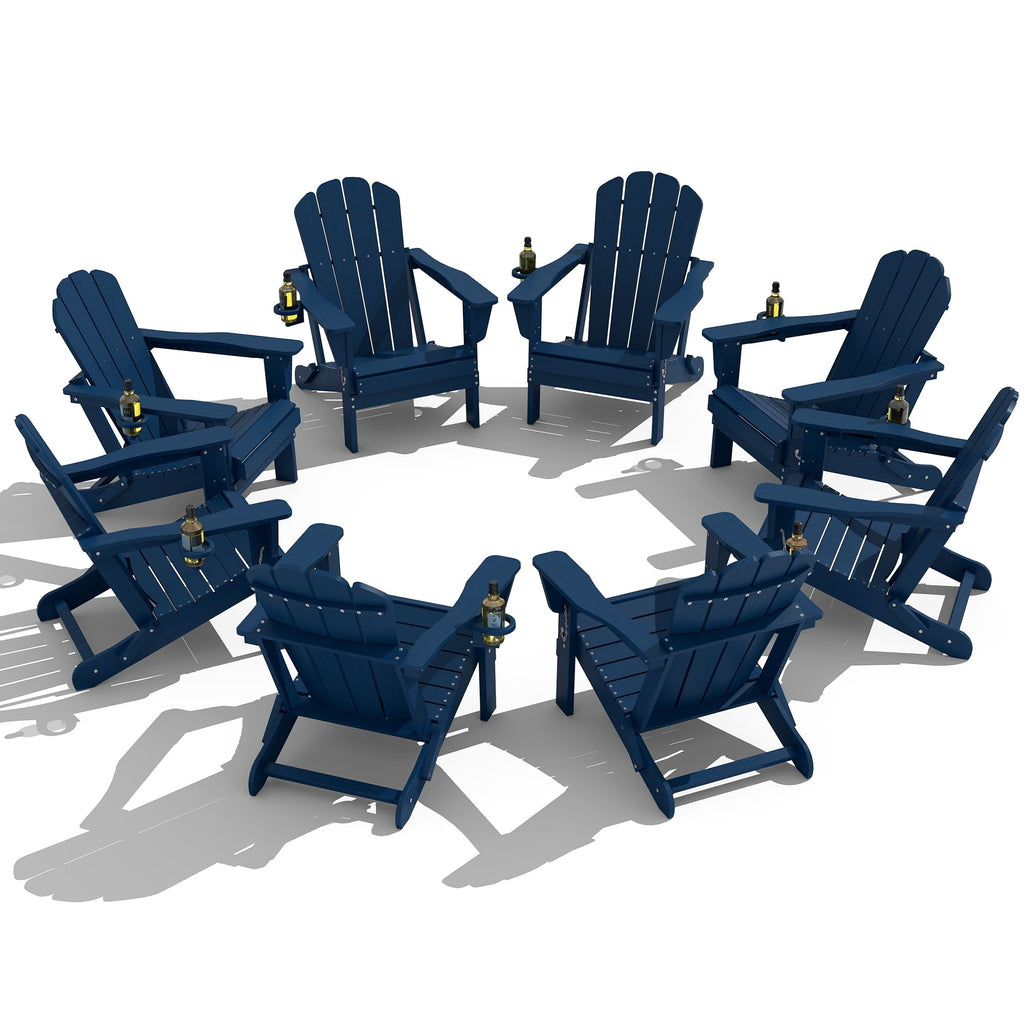 Folding Adirondack Chair Set of 8 HDPE All-Weather with Cup Holder Blue H63502