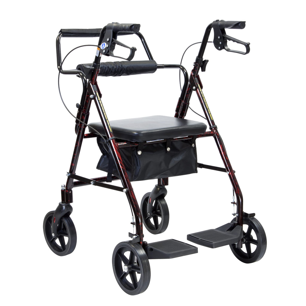 4 Wheel Rollator and Transport Wheelchair with Fold-Down Footrests, Red Frame Q462636