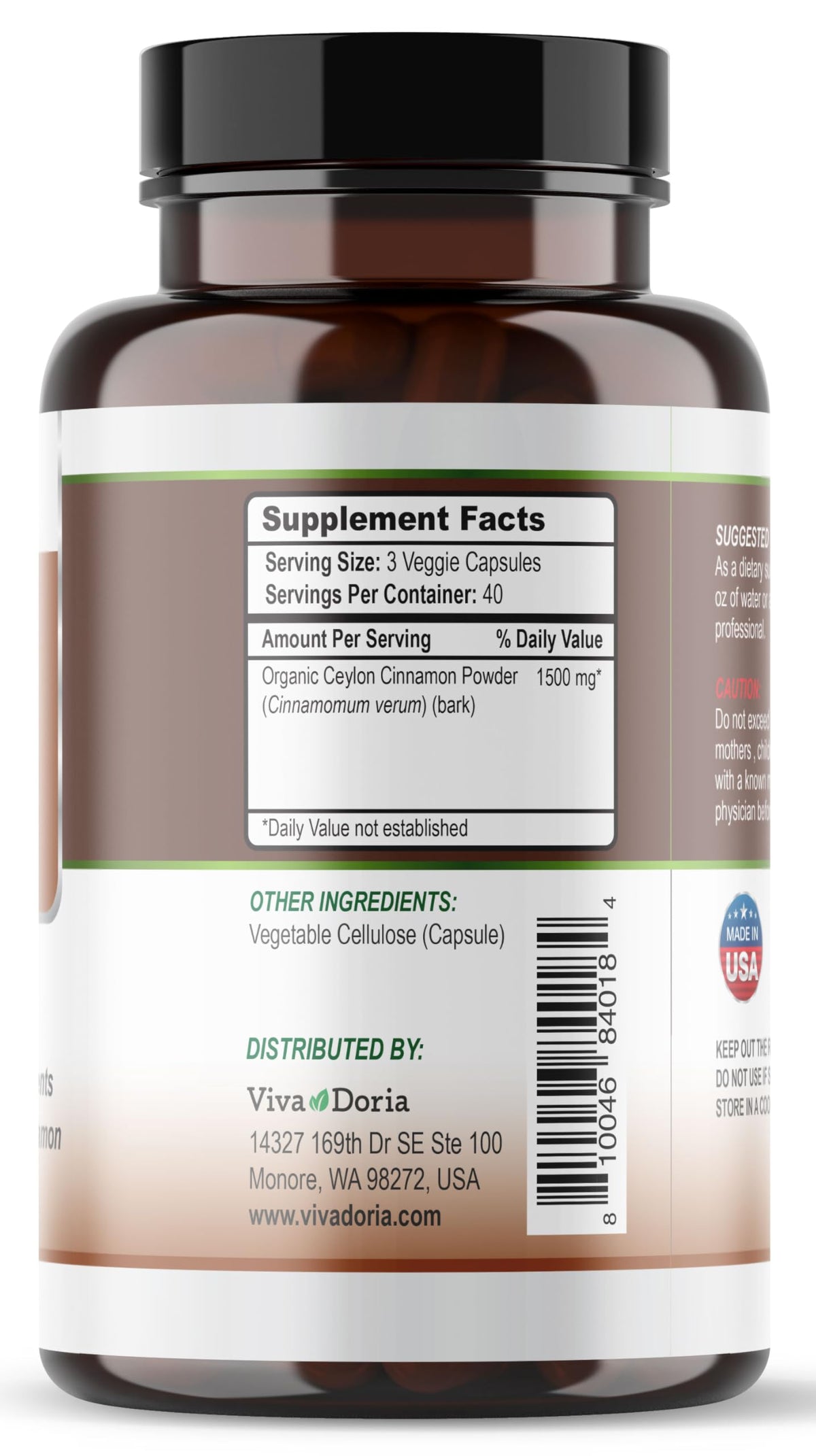 Ceylon Cinnamon 120 Veggie Capsules 1500mg Gelatin Free V129