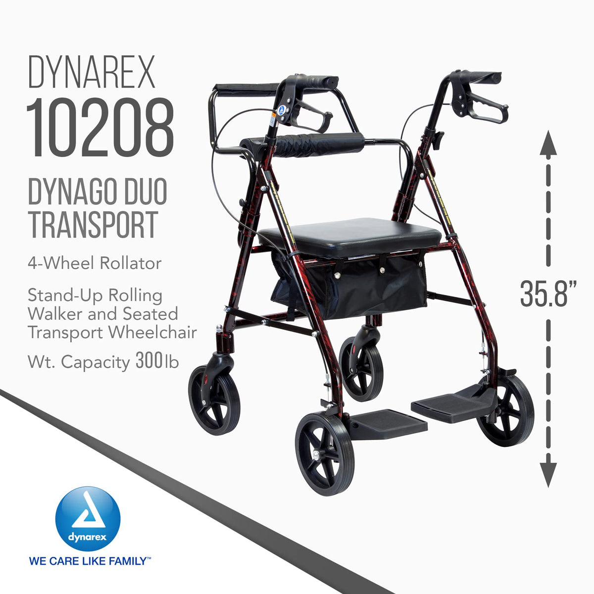 4 Wheel Rollator and Transport Wheelchair with Fold-Down Footrests, Red Frame Q462636