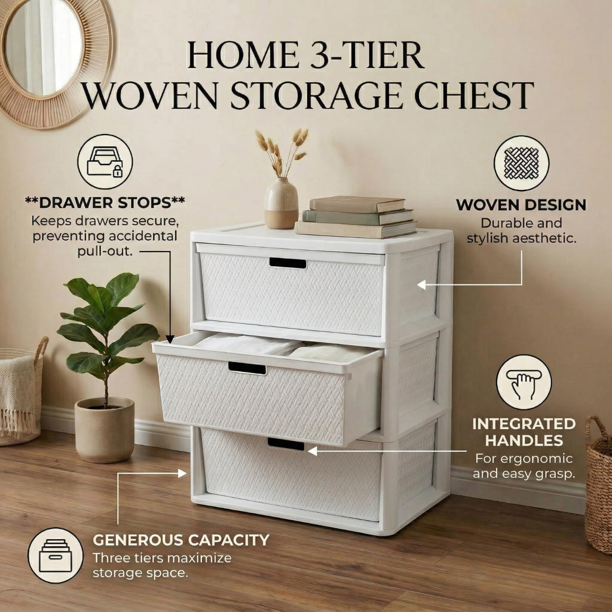 Opaque White 3-Drawer Plastic Storage Tower T97828