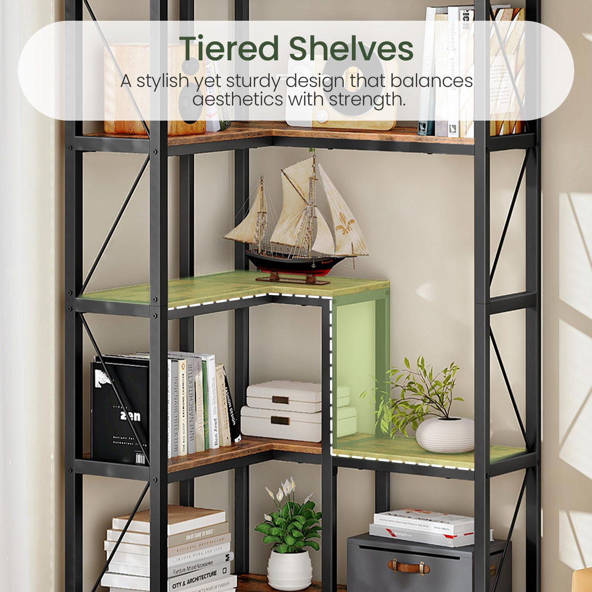 5-Tier L-Shaped Corner Bookshelf with Metal Frame N403363