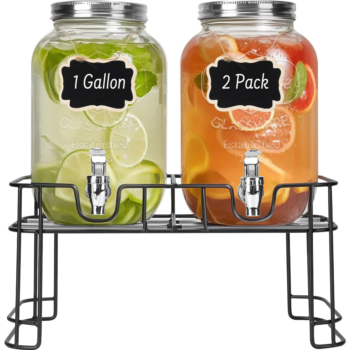 2 Pack 1 Gallon Glass Drink Dispensers with Ice Core O3355