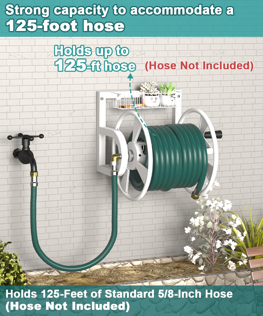 Wall Mounted Hose Reel, Holds 125 Feet of 5/8-Inch Hose, White J620