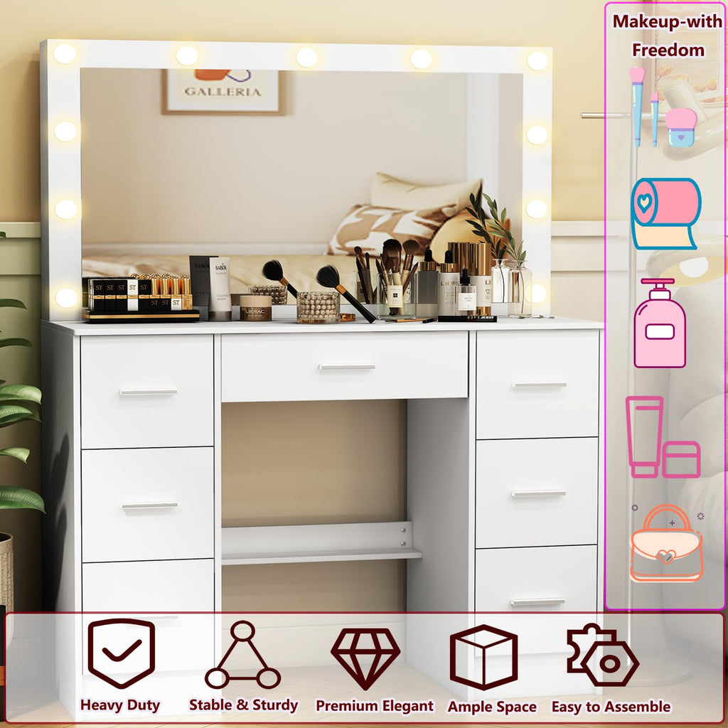 White 7 Drawer Vanity with Lights and Mirror A439