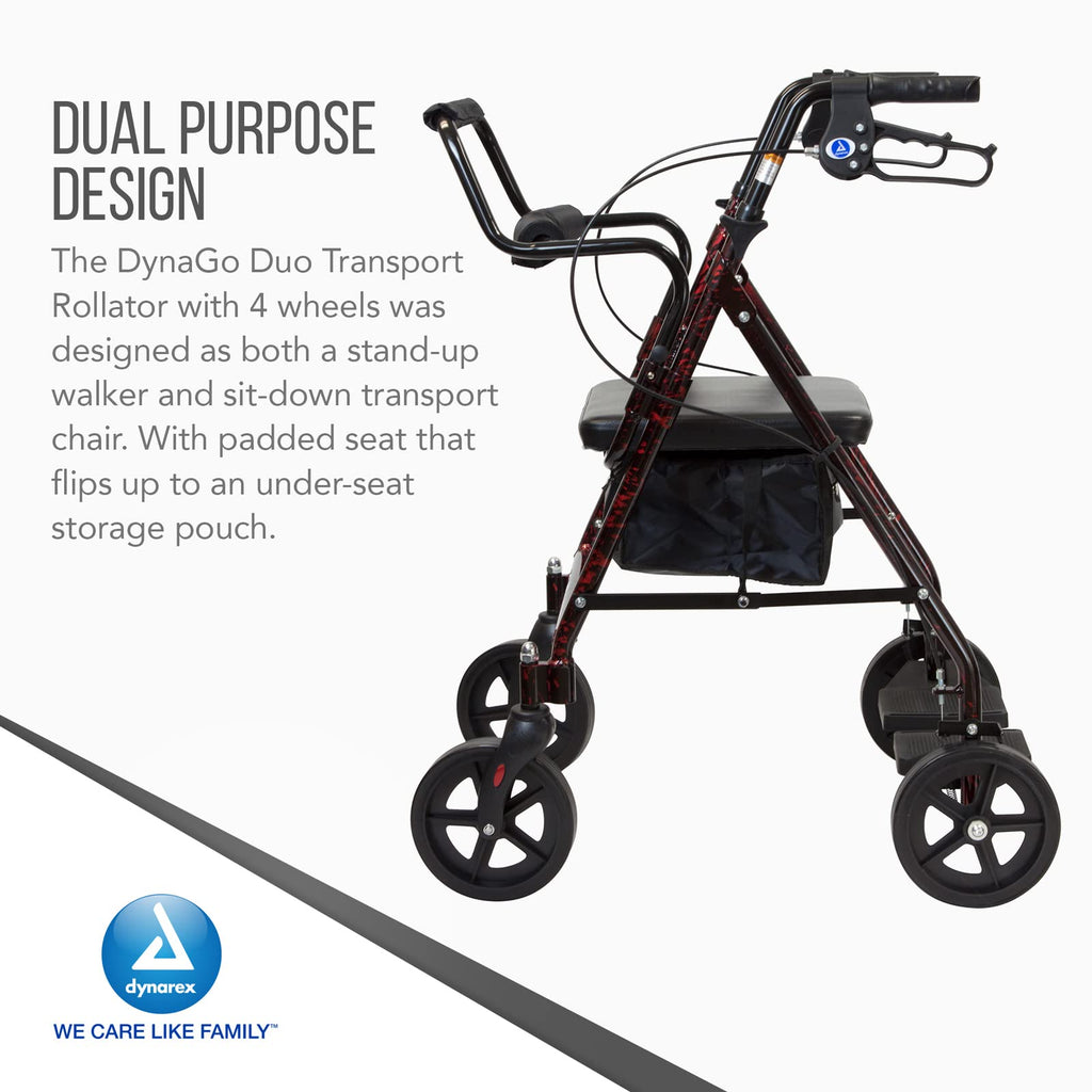 4 Wheel Rollator and Transport Wheelchair with Fold-Down Footrests, Red Frame Q462636