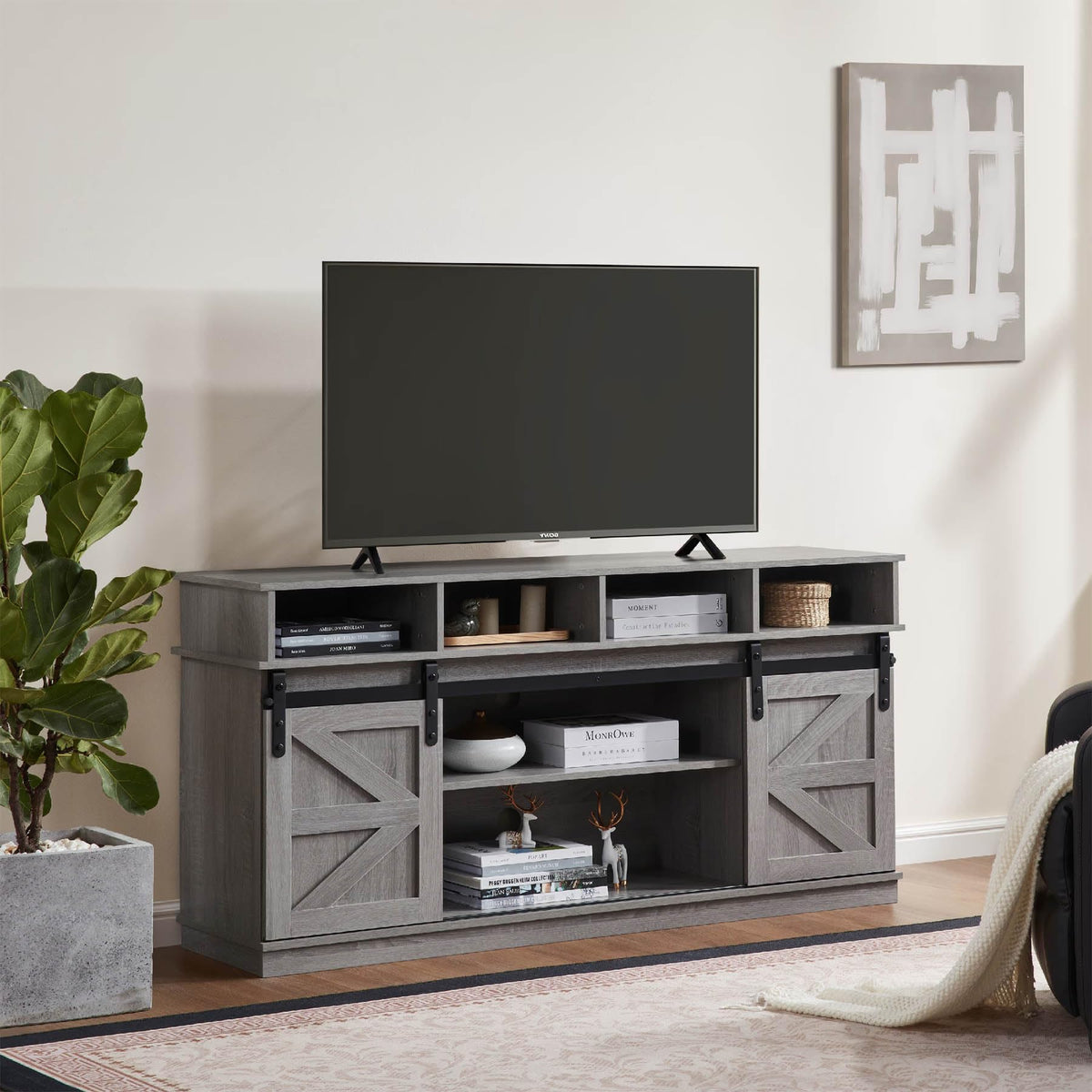 Grey Wood TV Stand with Sliding Barn Doors and 4 Drawers J30121