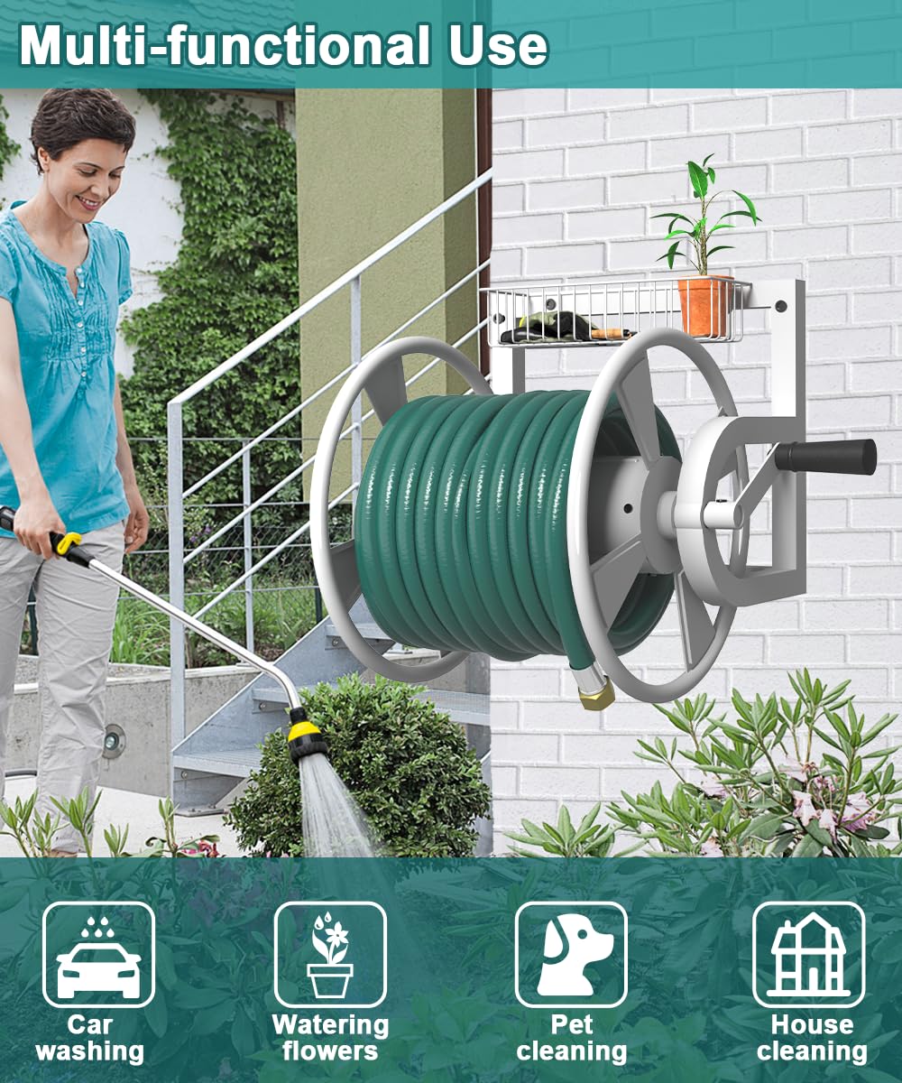 Wall Mounted Hose Reel, Holds 125 Feet of 5/8-Inch Hose, White J620
