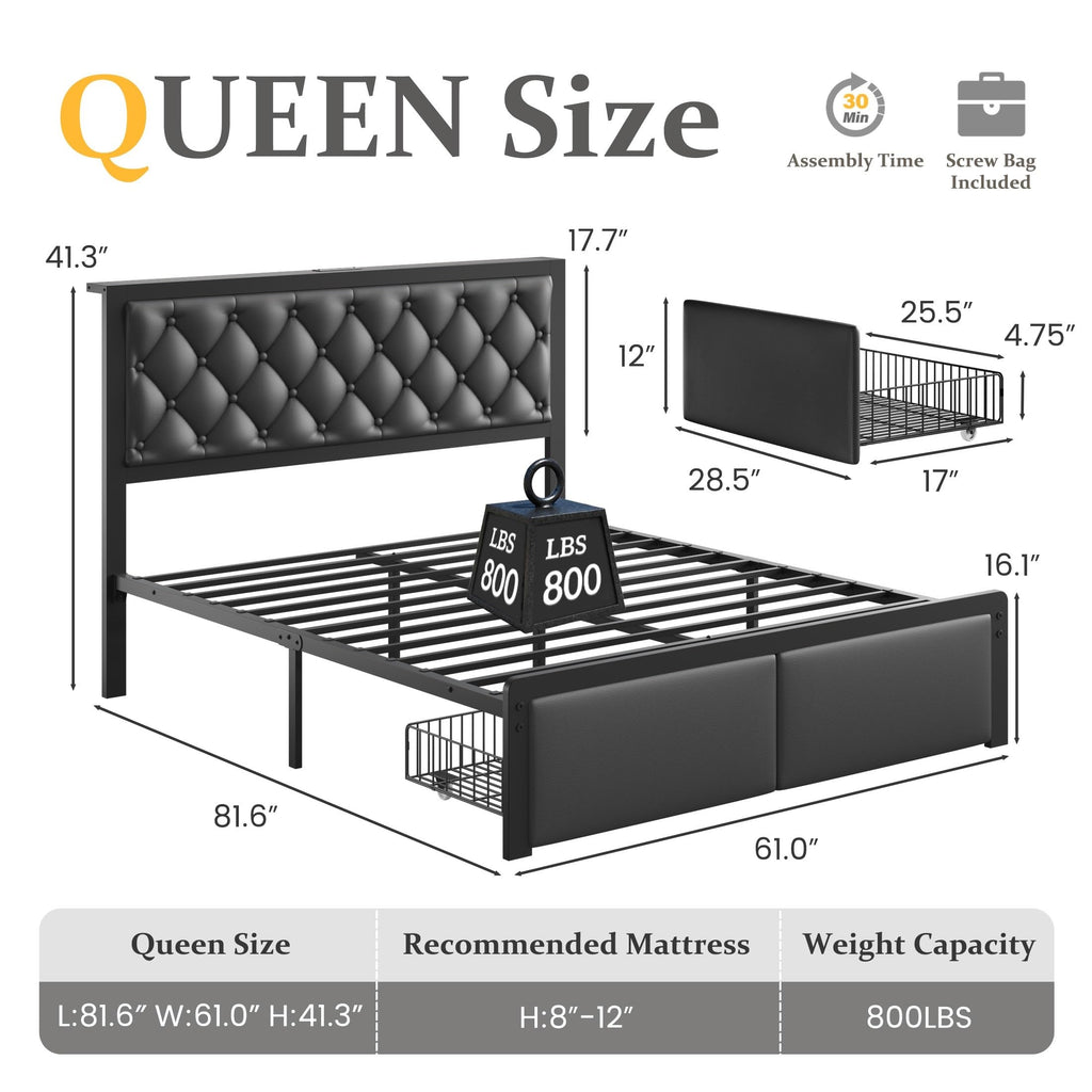 Queen Bed Frame with Upholstered Headboard and 2 Storage Drawers L5156
