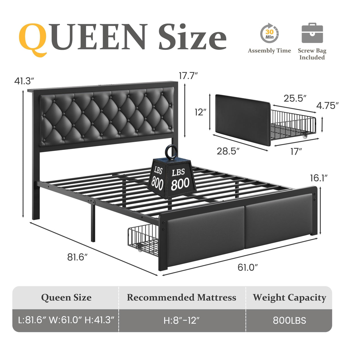 Queen Bed Frame with Upholstered Headboard and 2 Storage Drawers L5156