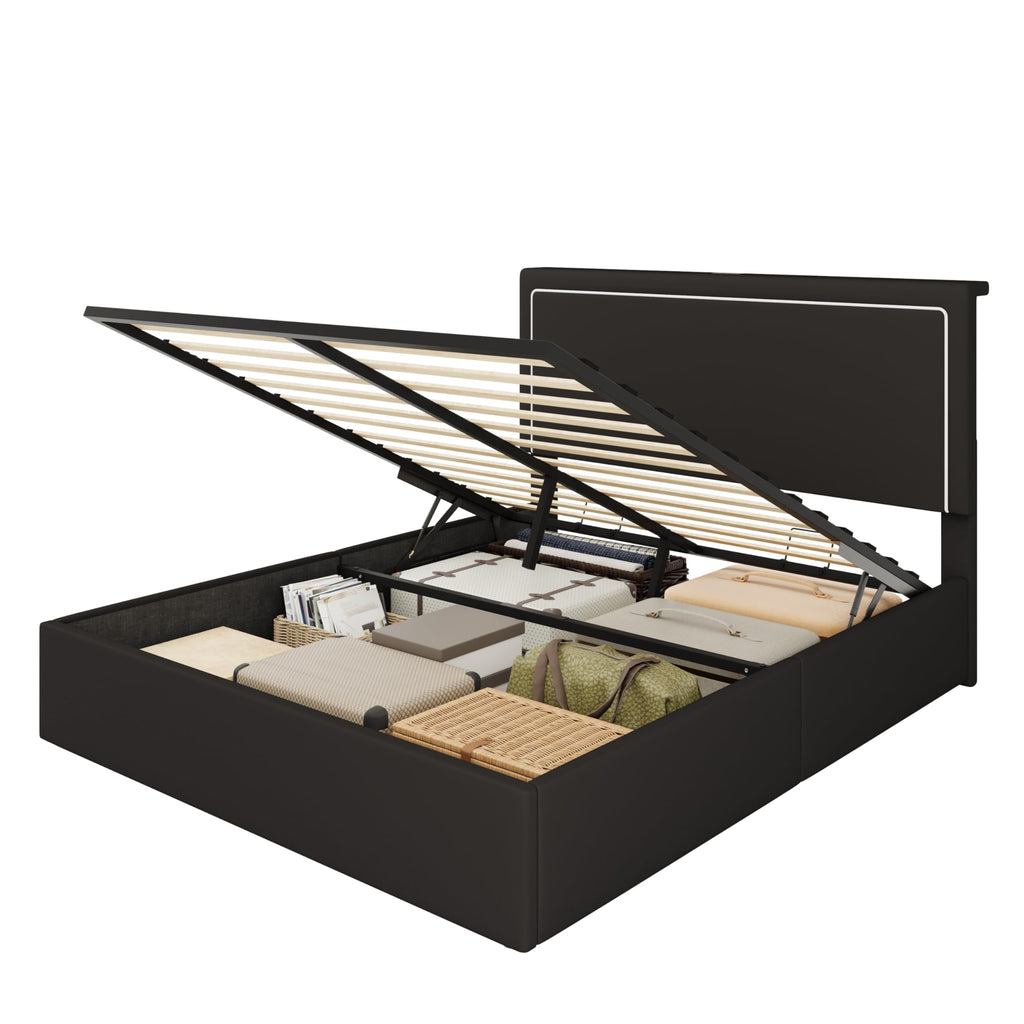 Full Size Lift Up Storage Bed Frame with LED Lights, Black Q308