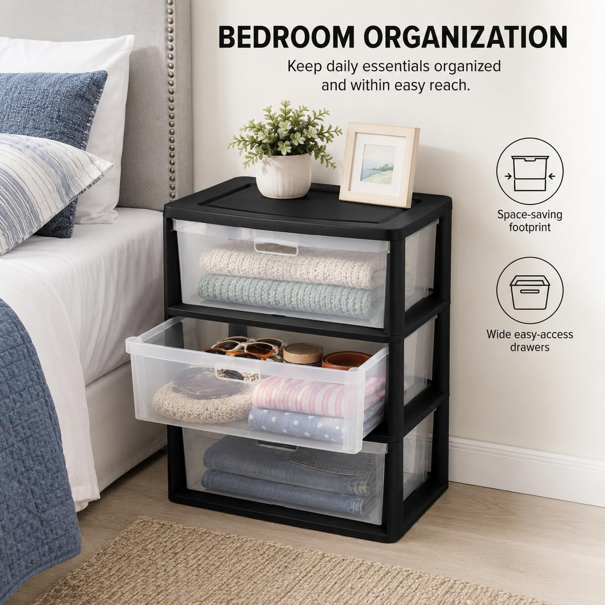 3 Drawer Storage Tower with Clear Bins O562