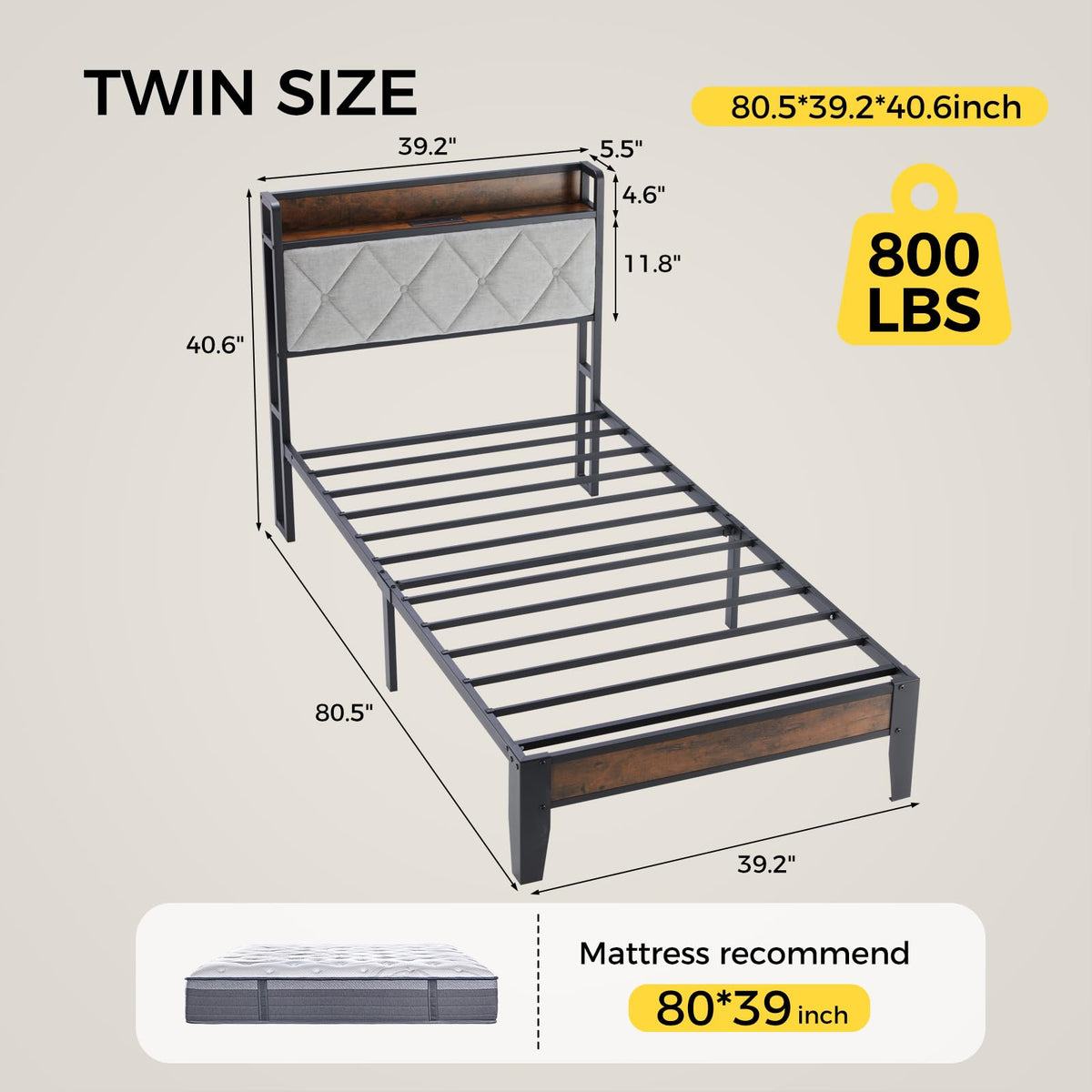 Twin Bed Frame with Headboard and Charging Plug U11117