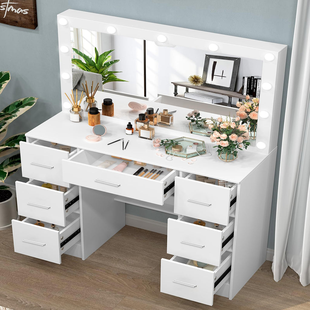 White 7 Drawer Vanity with Lights and Mirror A439