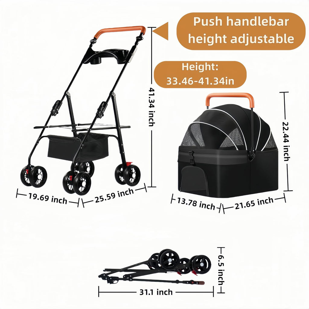 Black Foldable Pet Stroller with Storage Basket B333635