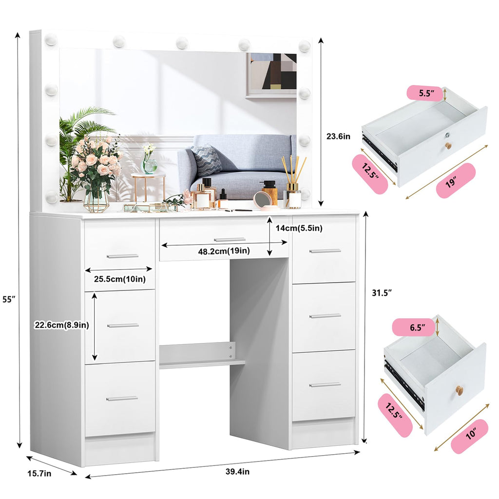 White 7 Drawer Vanity with Lights and Mirror A439