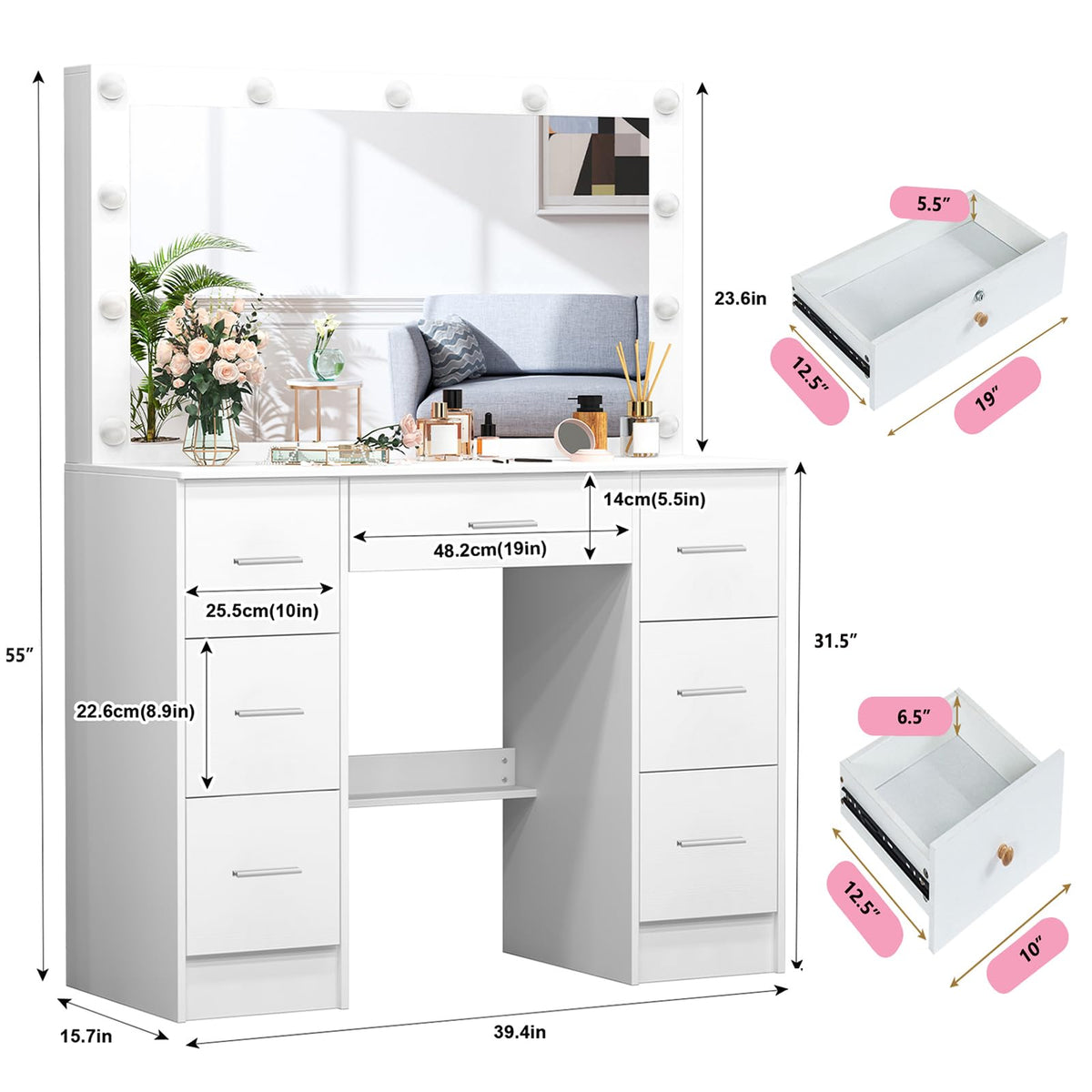 White 7 Drawer Vanity with Lights and Mirror A439