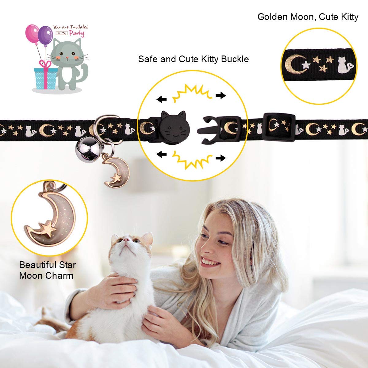 2PCS Breakaway Cat Collars with Bell Glow in The Dark Black Purple N3691