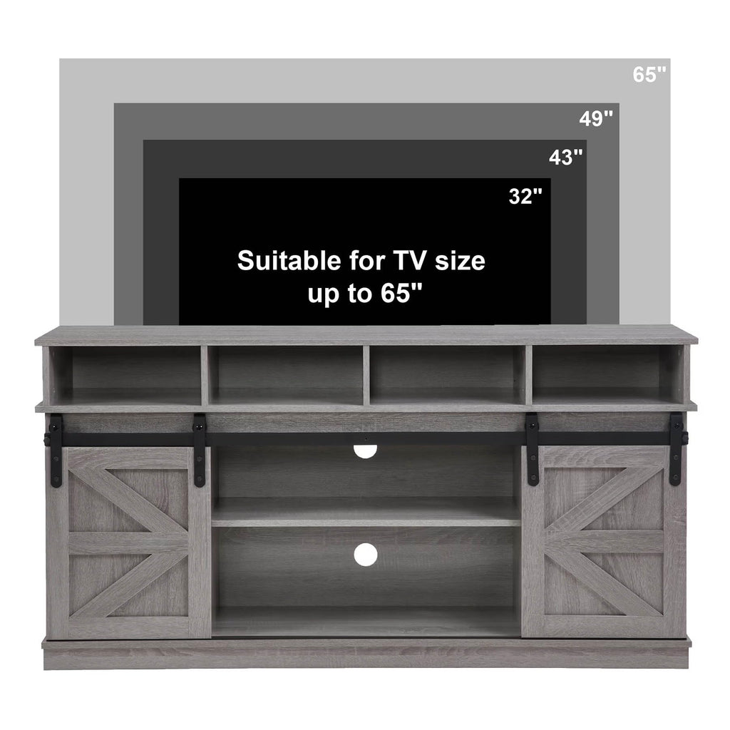 Grey Wood TV Stand with Sliding Barn Doors and 4 Drawers J30121