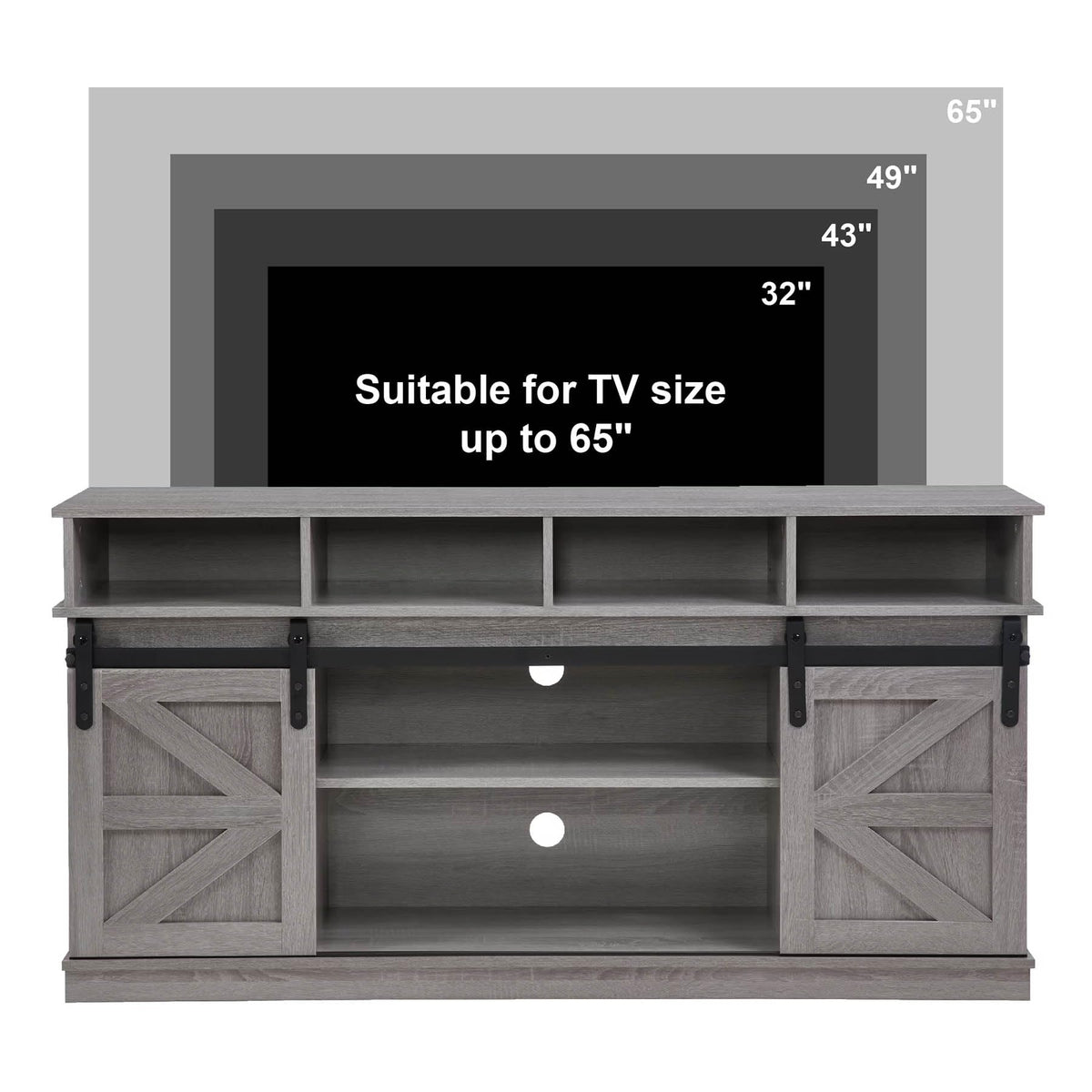 Grey Wood TV Stand with Sliding Barn Doors and 4 Drawers J30121