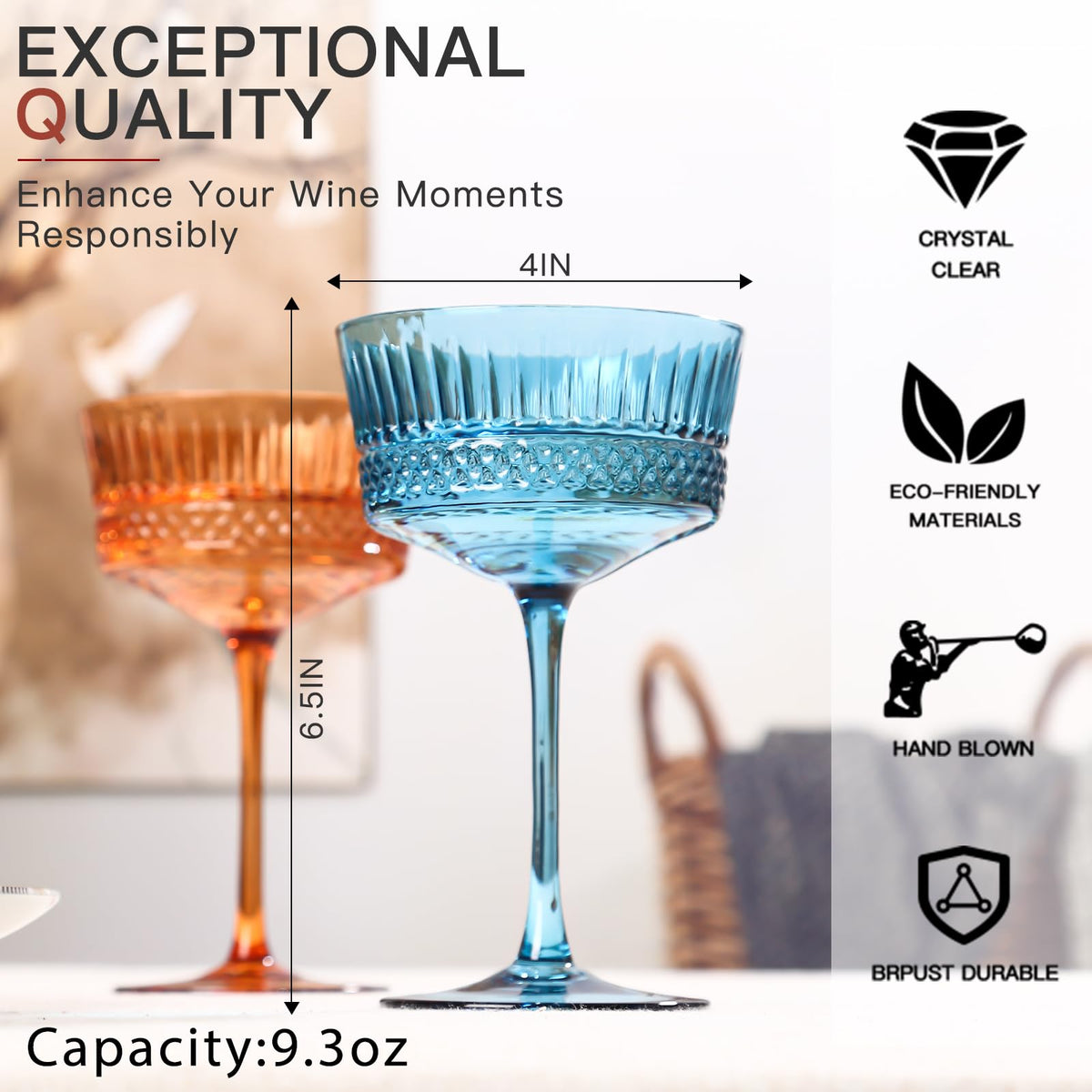 Colored Coupe Glasses Set of 6, 9.3oz Crystal Cocktail Glass C9034