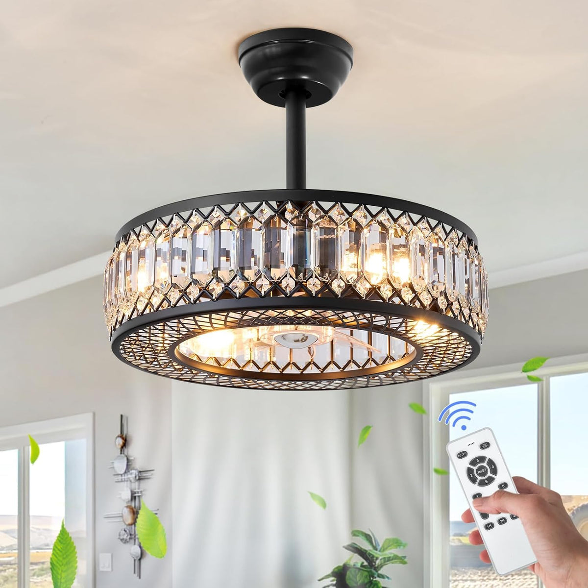 20" Black Crystal Ceiling Fan with Lights R187948