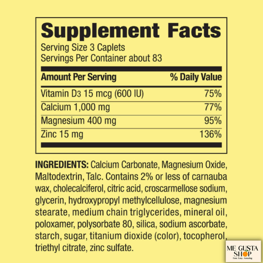 Calcium Magnesium Zinc Plus Vitamin D3 Caplets 500 Count K4271