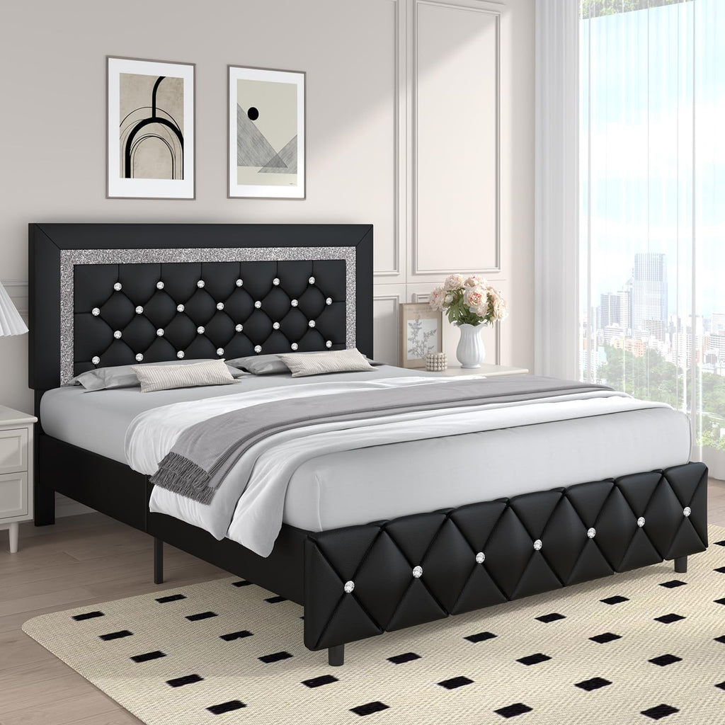 Full Size Faux Leather Platform Bed with Diamond Headboard X5054
