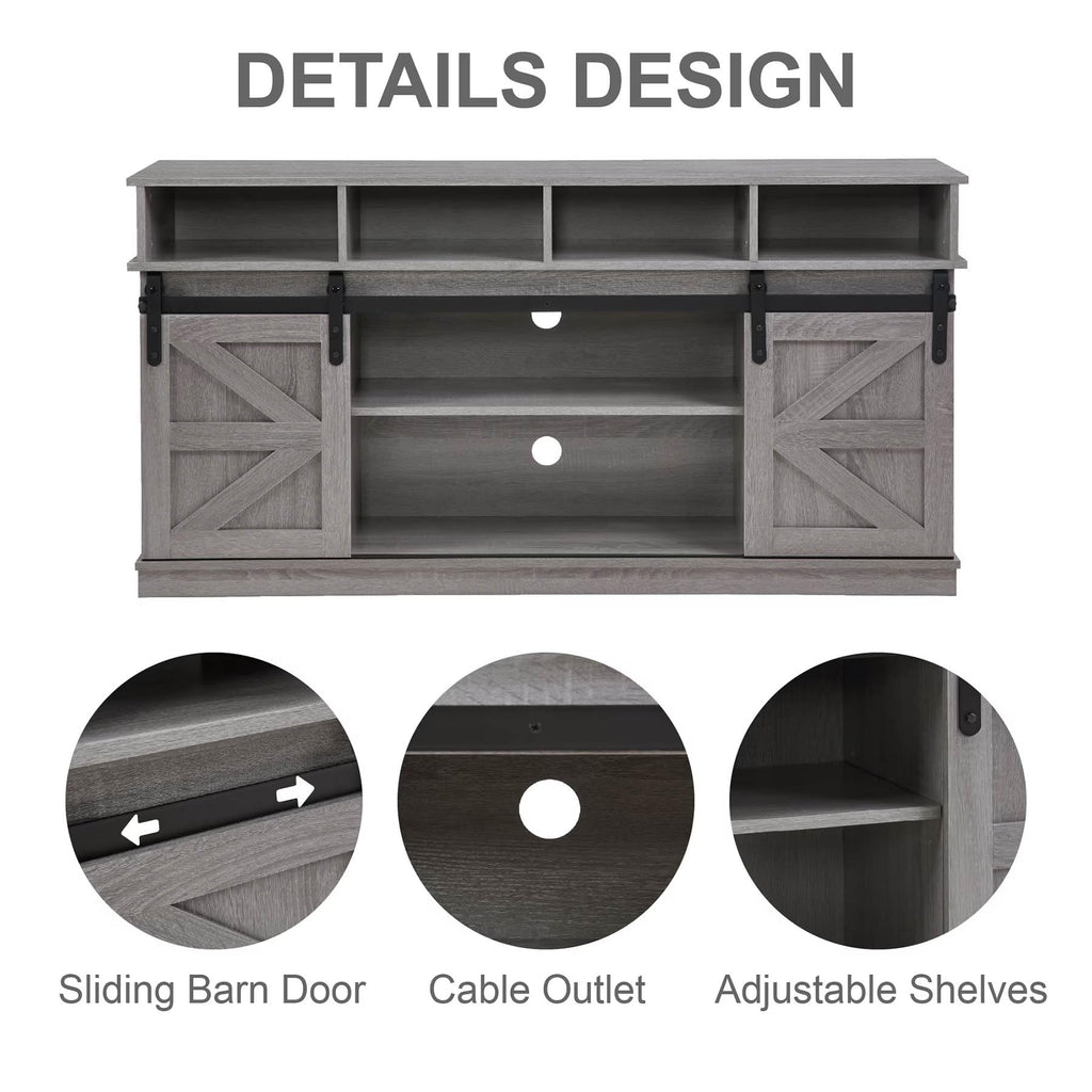 Grey Wood TV Stand with Sliding Barn Doors and 4 Drawers J30121