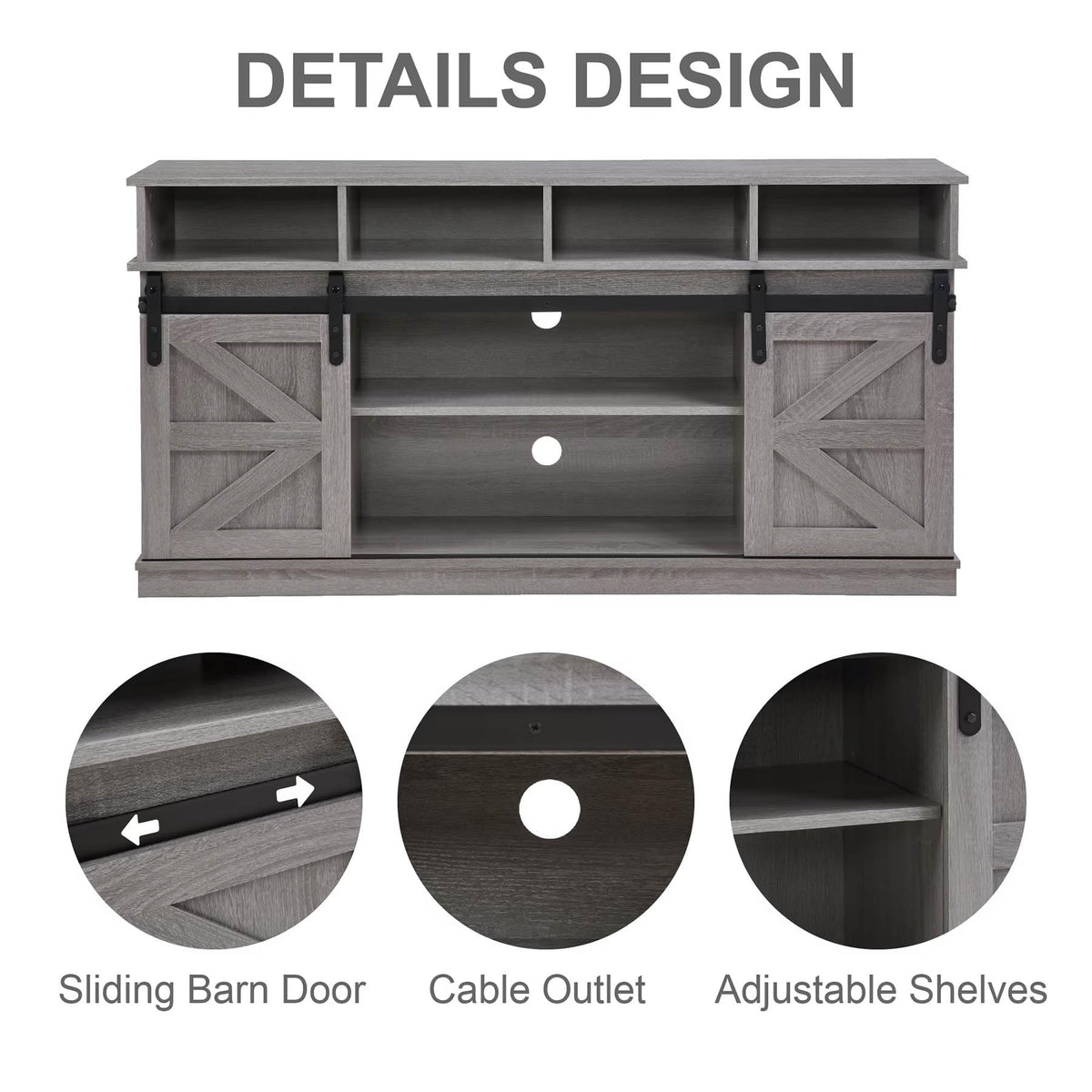 Grey Wood TV Stand with Sliding Barn Doors and 4 Drawers J30121