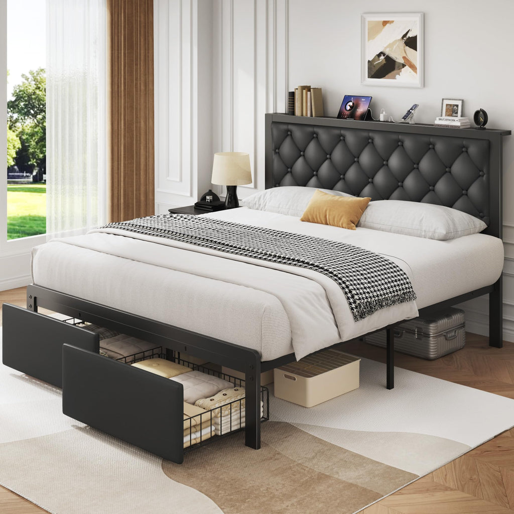 Queen Bed Frame with Upholstered Headboard and 2 Storage Drawers L5156