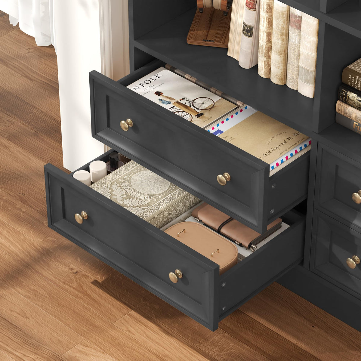 71" Tall Black Bookshelf with 4 Drawers L666378