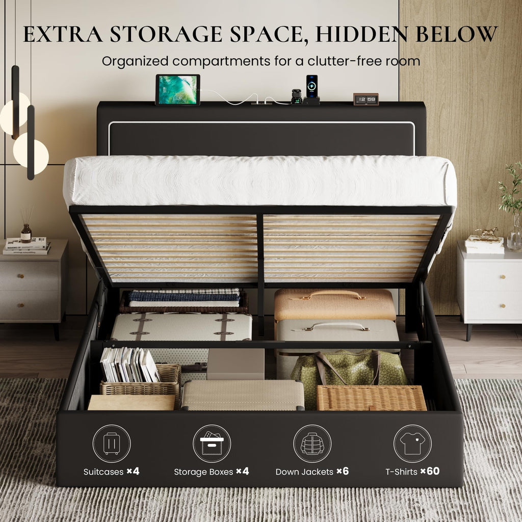 Full Size Lift Up Storage Bed Frame with LED Lights, Black Q308