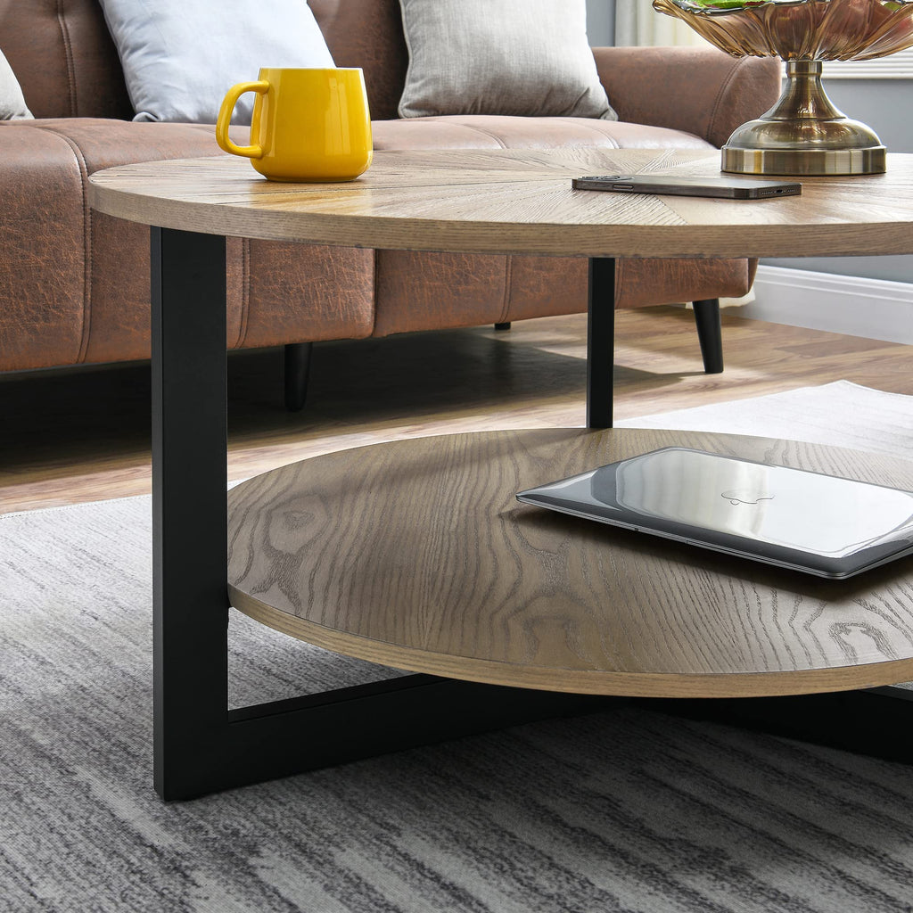 33.5" Round 2-Tier Wood Coffee Table with Storage N973806