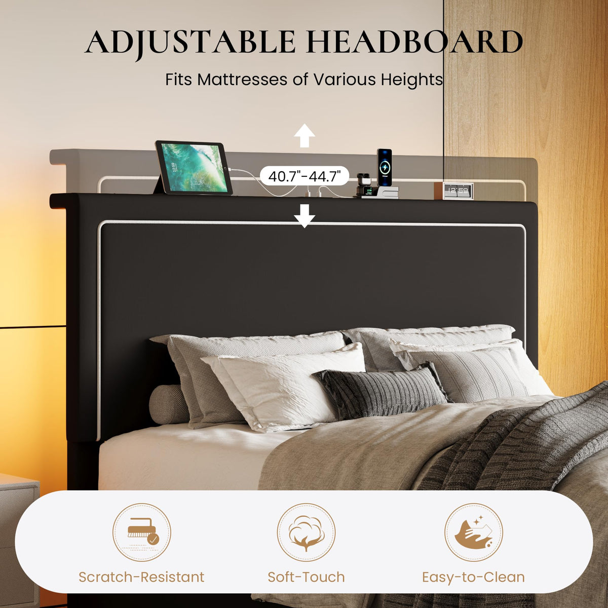 Full Size Lift Up Storage Bed Frame with LED Lights, Black Q308