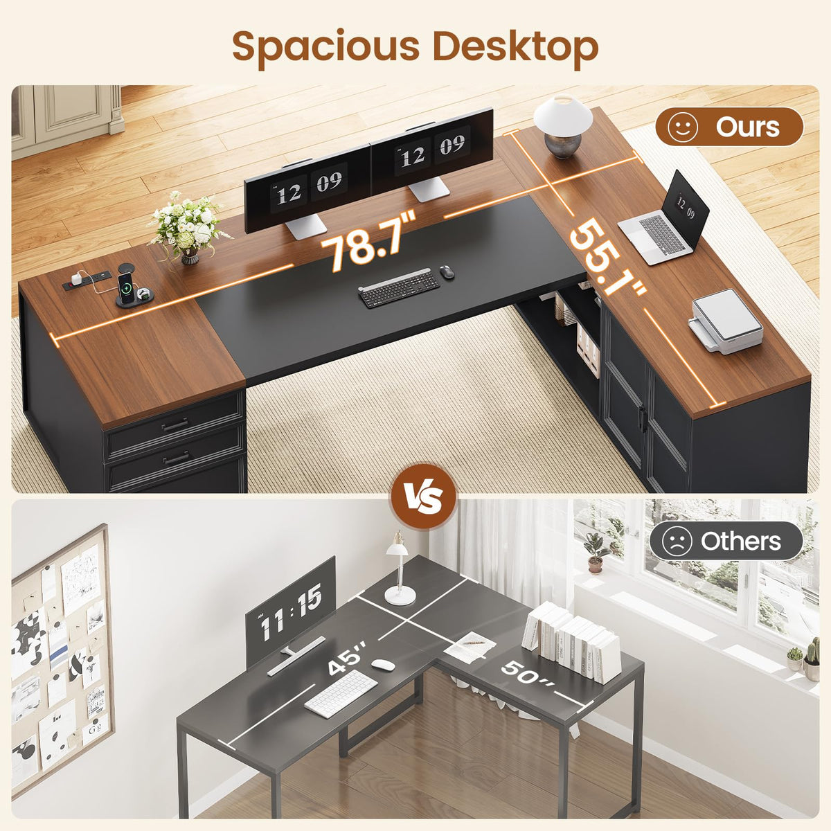 78.7" L Shaped Executive Desk with Charging Station, File Drawers & Storage Cabinet, Black + Brown X487