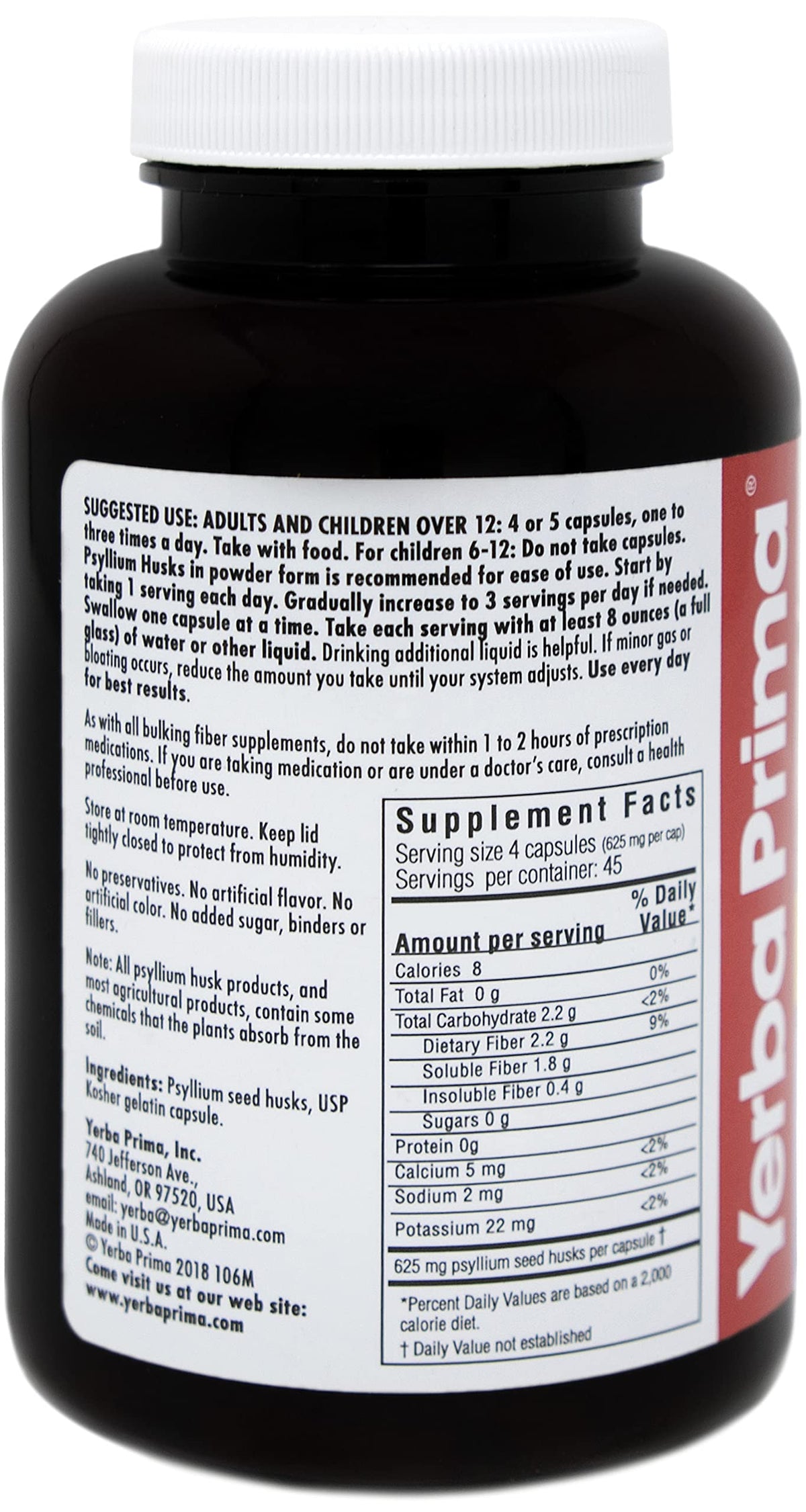 Psyllium Husks Caps Dietary Fiber 625 mg 180 Capsules L383