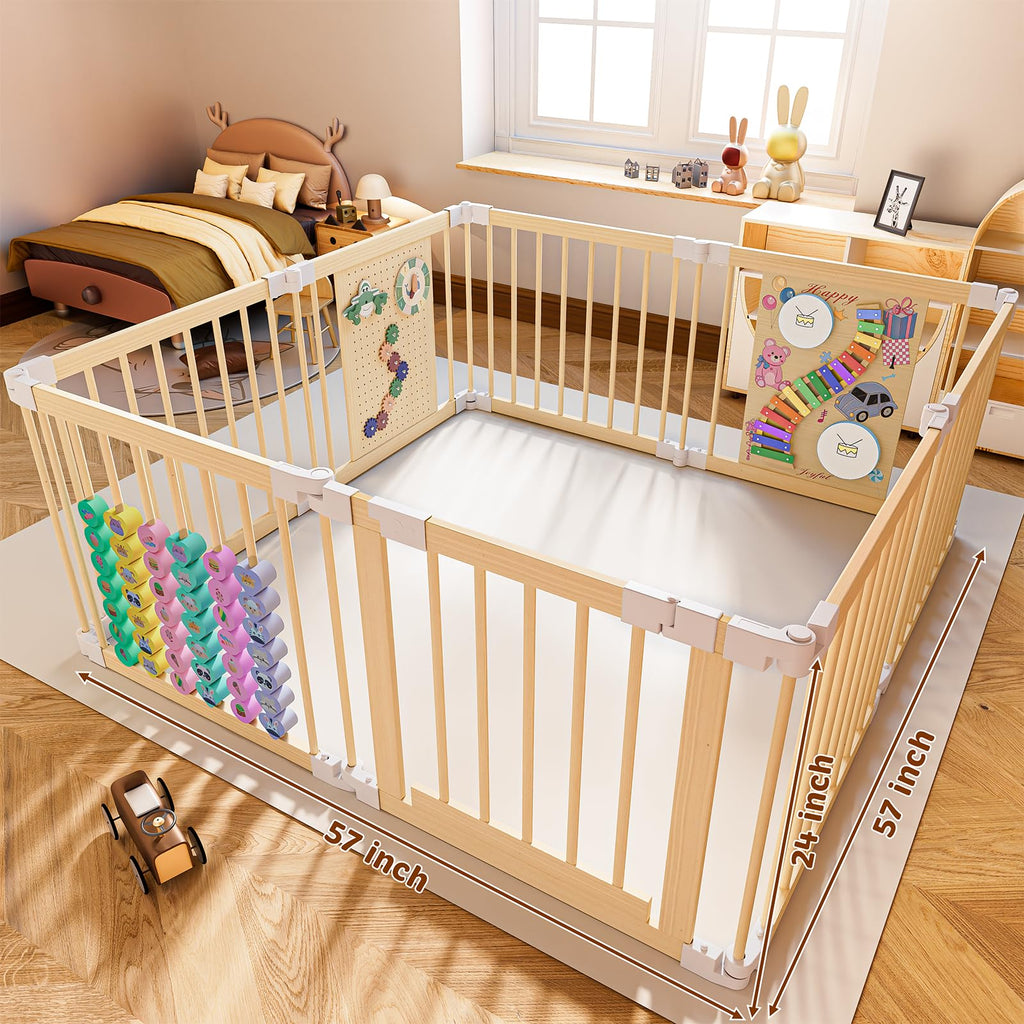 Foldable Wood Baby Playpen with Built-in Toys 57"x57" S215136