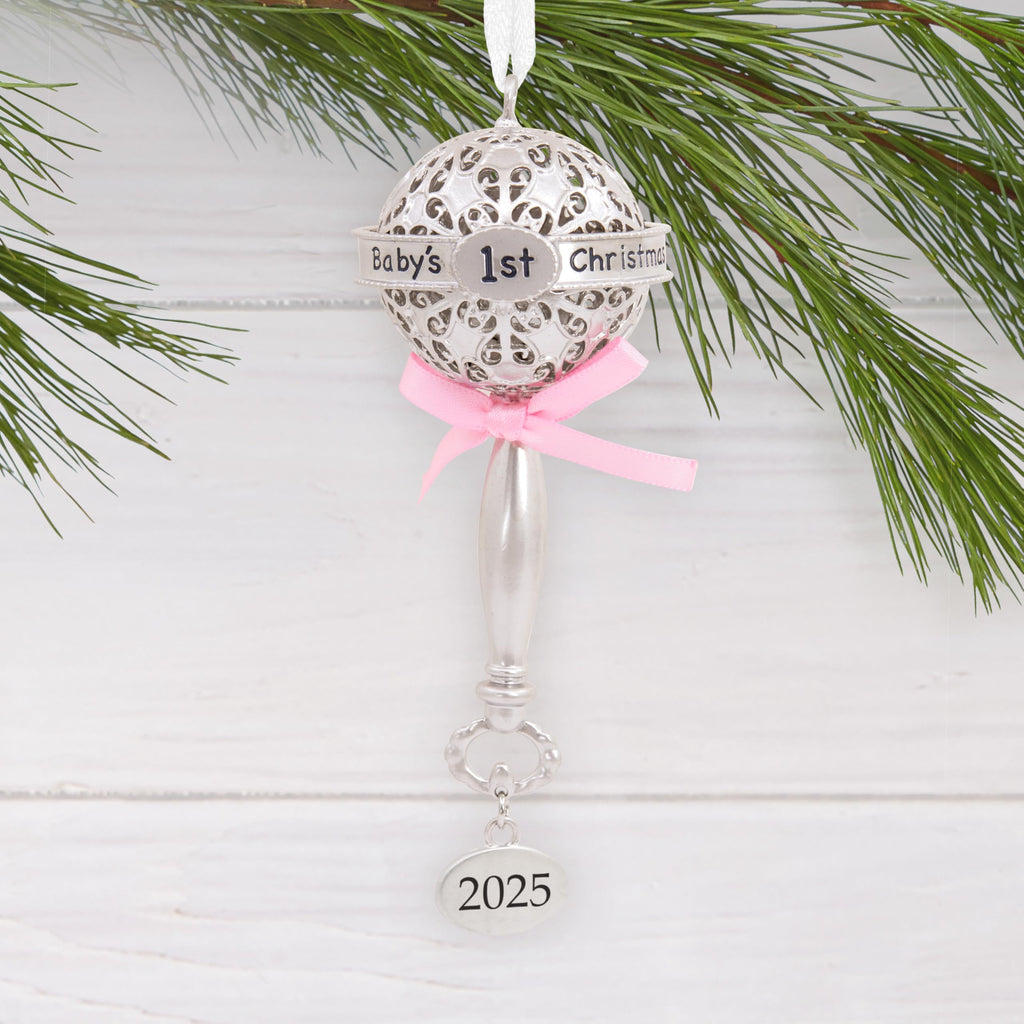 Silver Rattle with Pink Ribbon Christmas Ornament G8036
